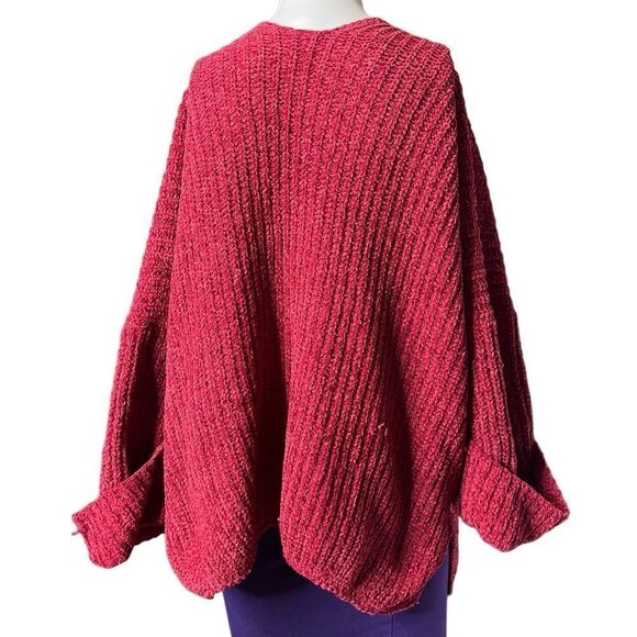 Chenile Oversized Open Front Pocketed Cardigan Pink Red Size Small - Picture 2 of 5